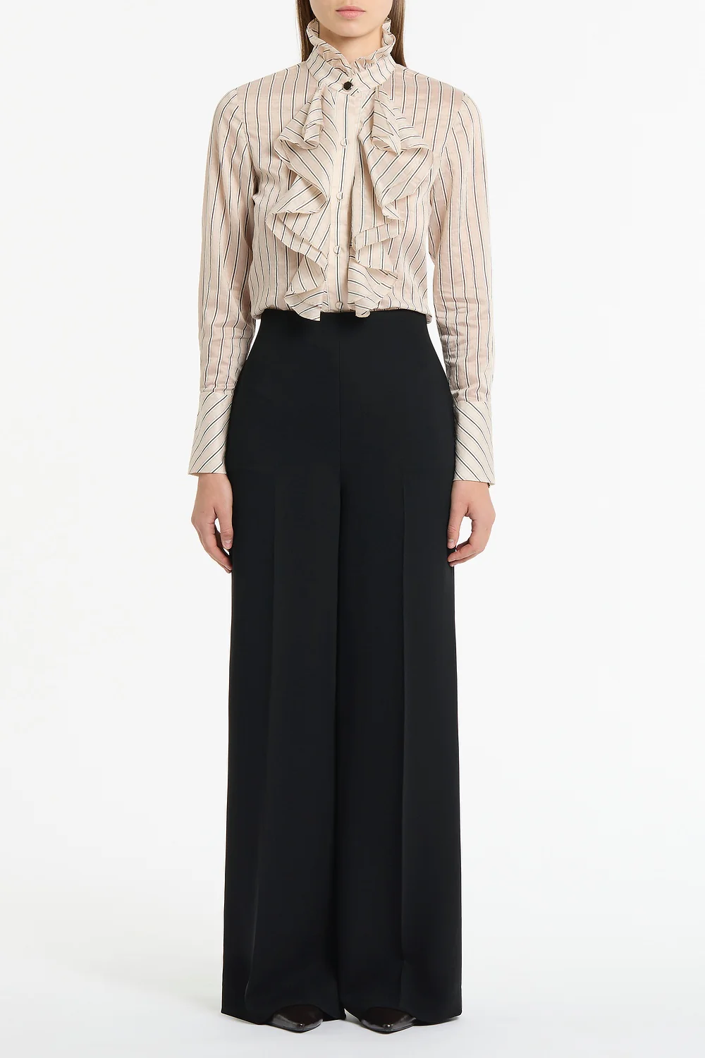 BEIGE SILK TENCEL STRIPE FRILL FRONT SHIRT