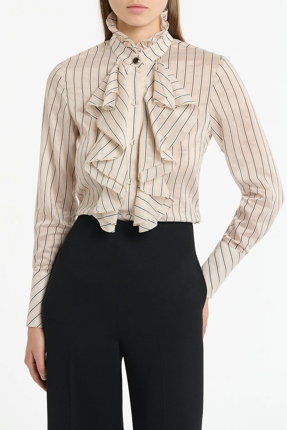 BEIGE SILK TENCEL STRIPE FRILL FRONT SHIRT - Image 4