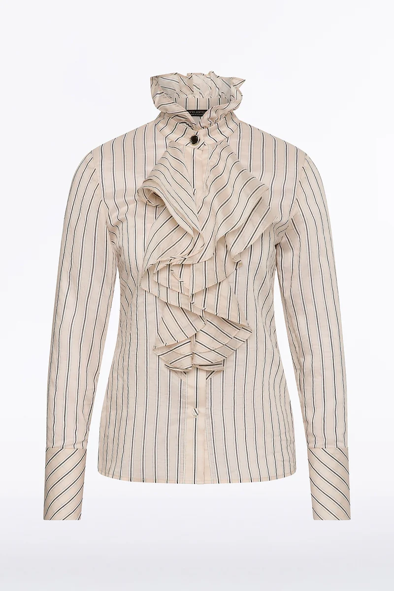 BEIGE SILK TENCEL STRIPE FRILL FRONT SHIRT - Image 5
