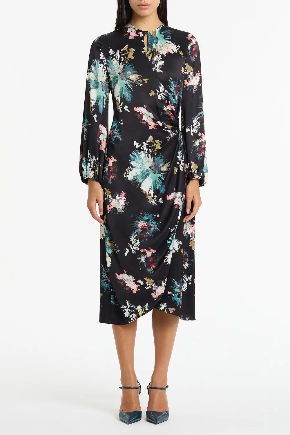 BELLE DE JOUR SATIN ACETATE KEYHOLE WRAP DRESS