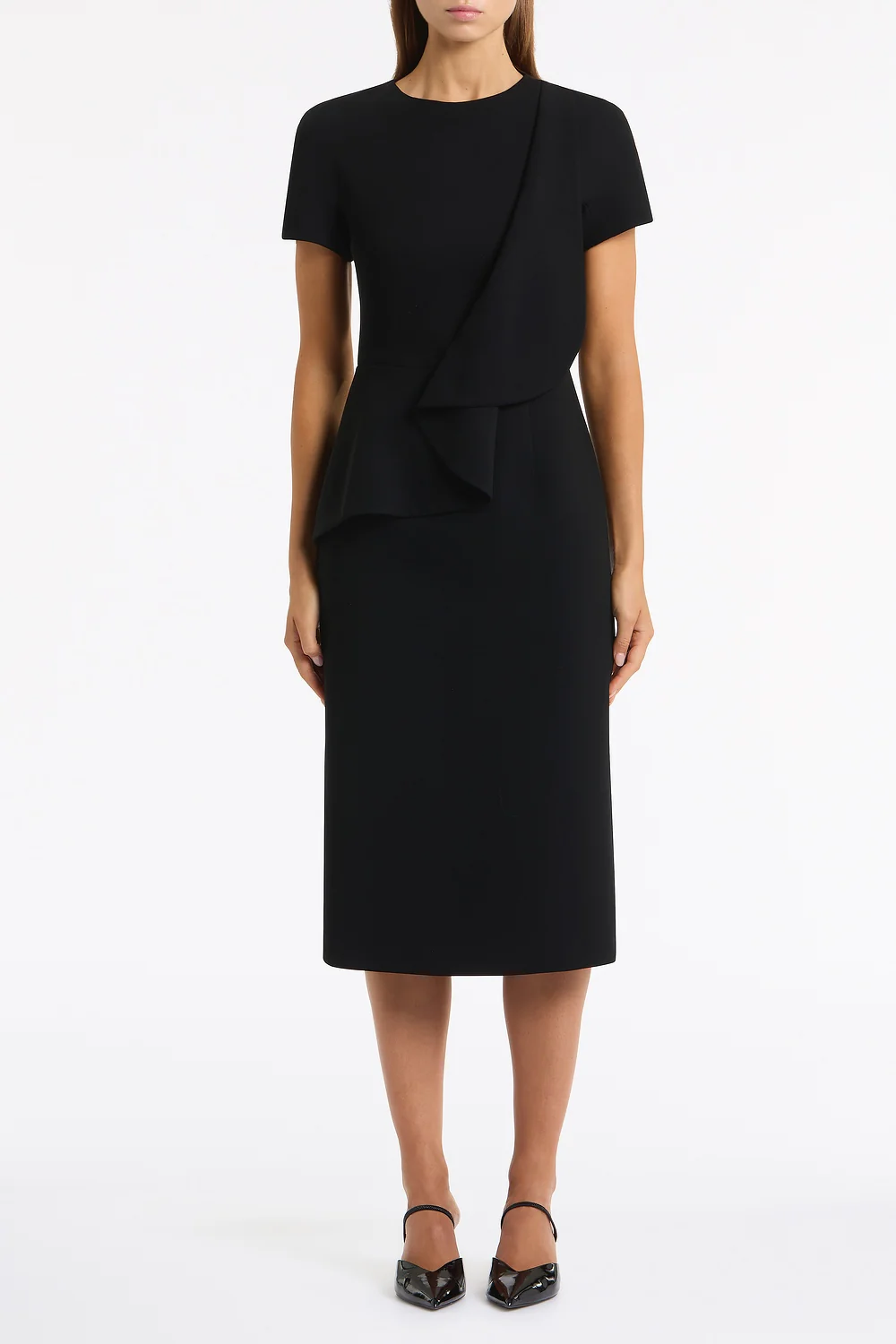 BLACK CREPE DRAPE PEPLUM MIDI DRESS