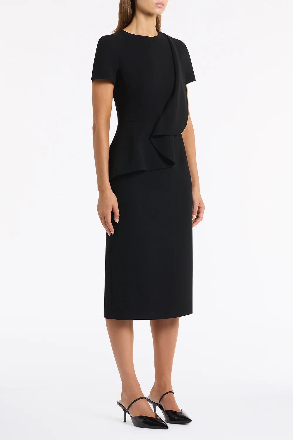 BLACK CREPE DRAPE PEPLUM MIDI DRESS - Image 2