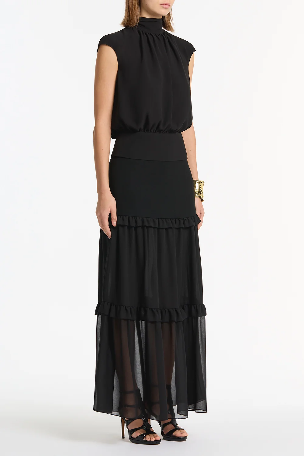 BLACK CREPE TIERED RUFFLE MIDI SKIRT - Image 2