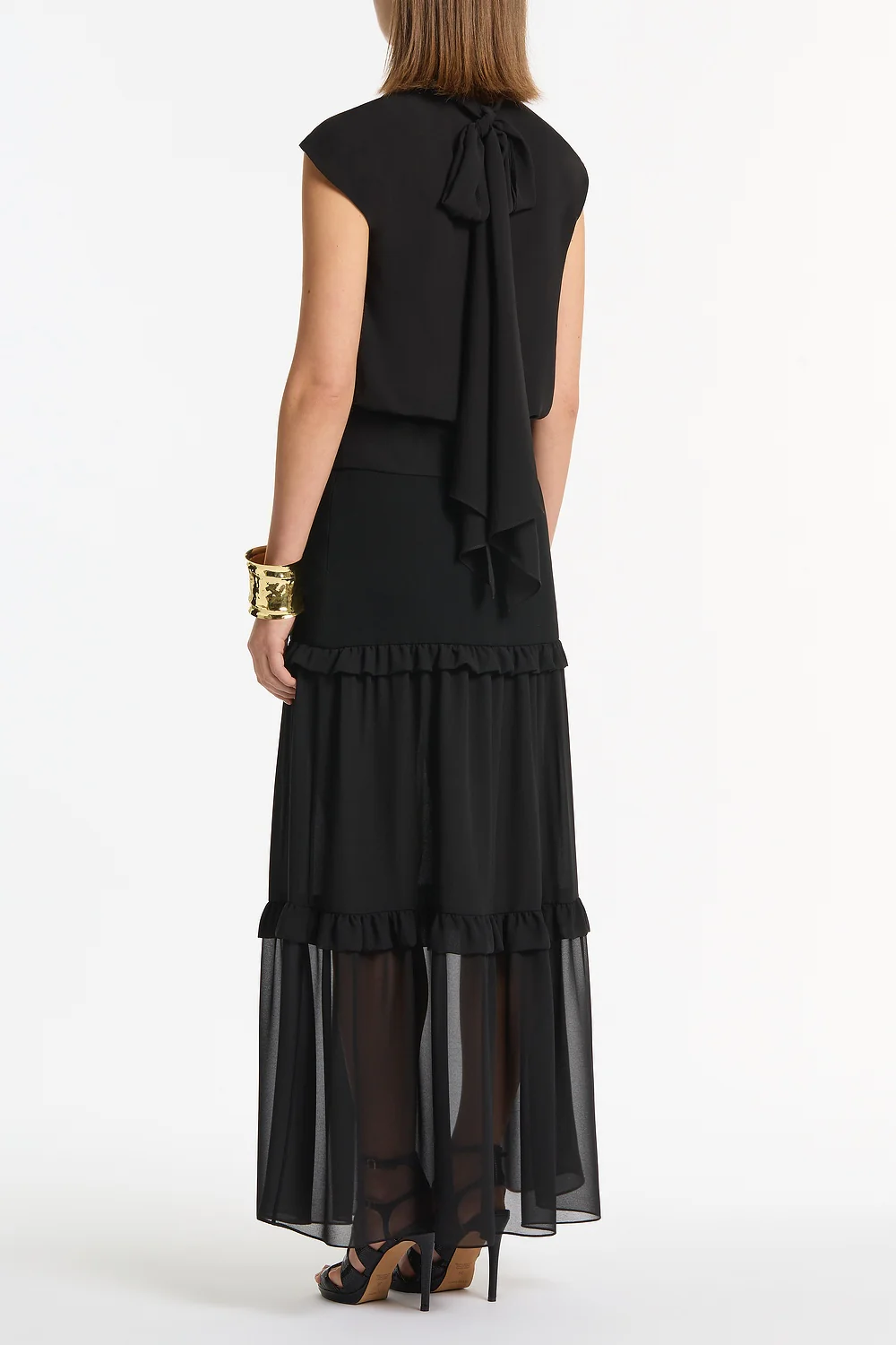 BLACK CREPE TIERED RUFFLE MIDI SKIRT - Image 3