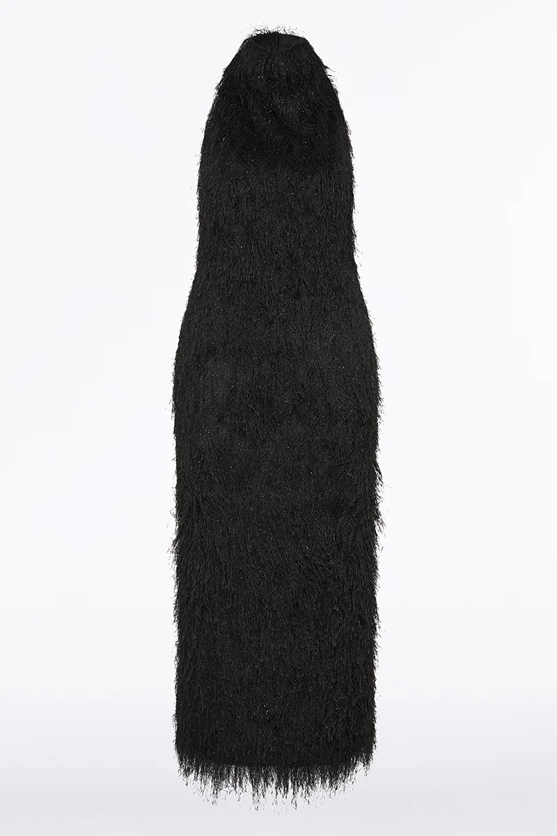 BLACK FRINGE KNIT FITTED DRESS - Image 5