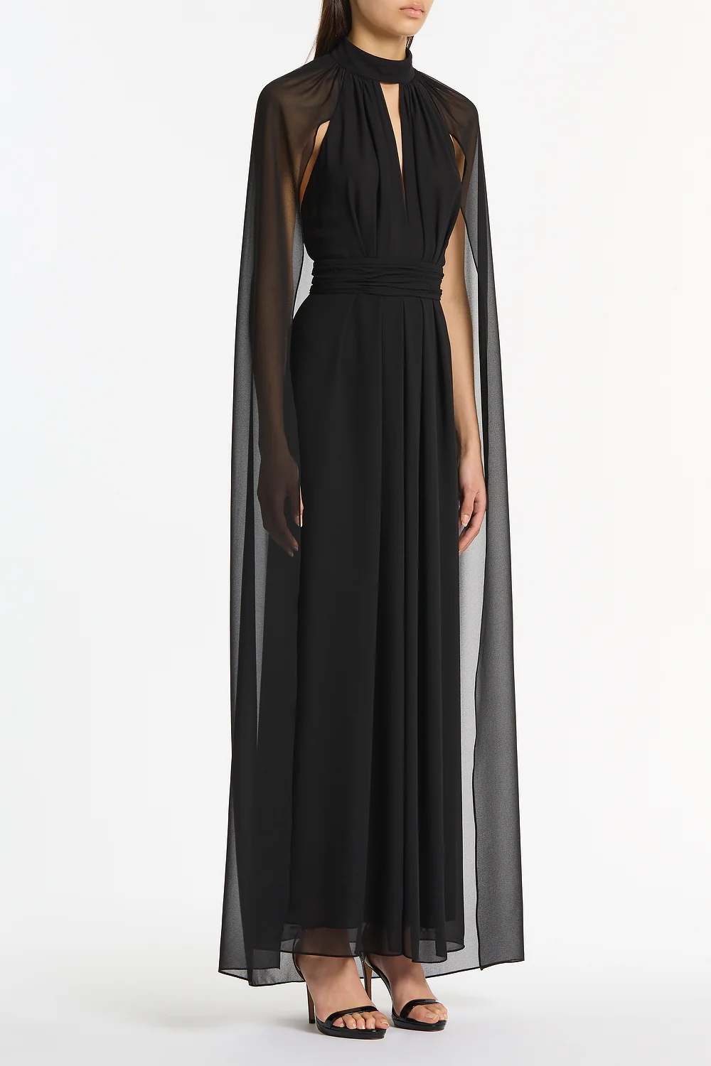 BLACK GEORGETTE HALTER CAPE GOWN - Image 2
