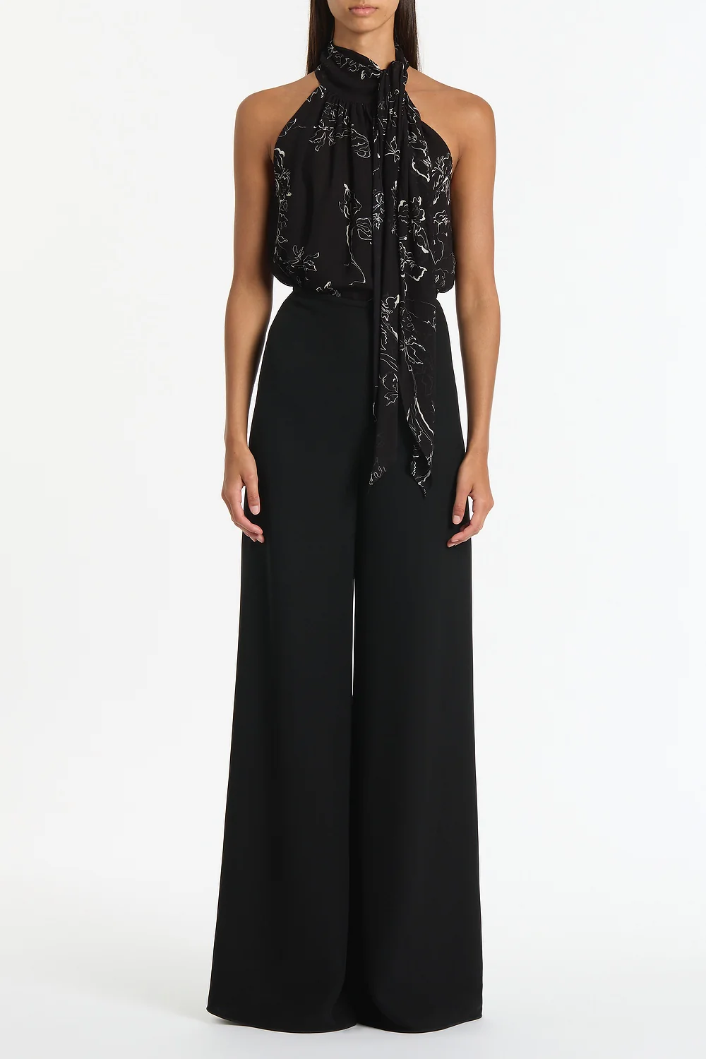 BLACK LINEAR FLORAL GATHERED HALTER TOP