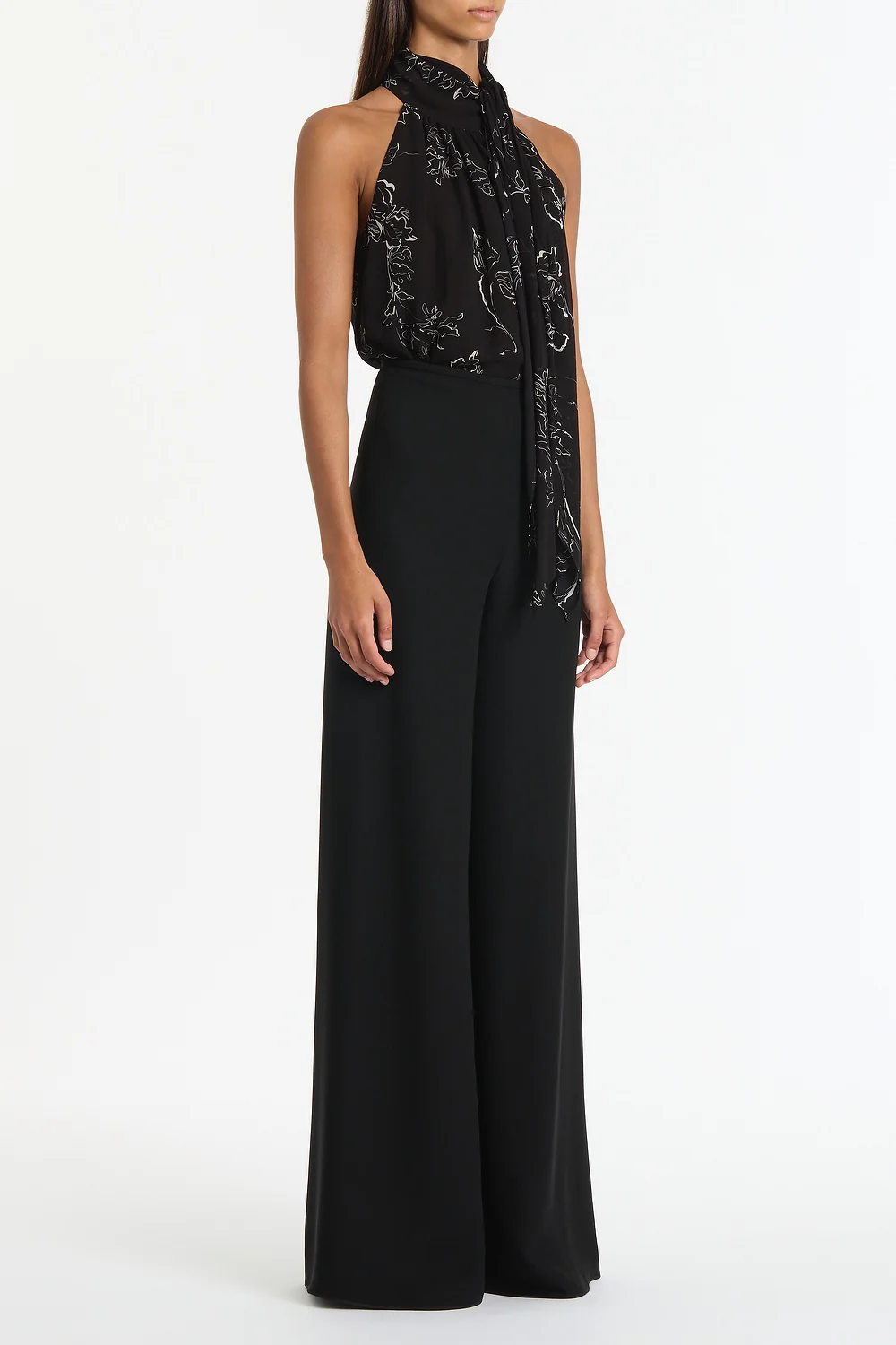 BLACK LINEAR FLORAL GATHERED HALTER TOP - Image 3