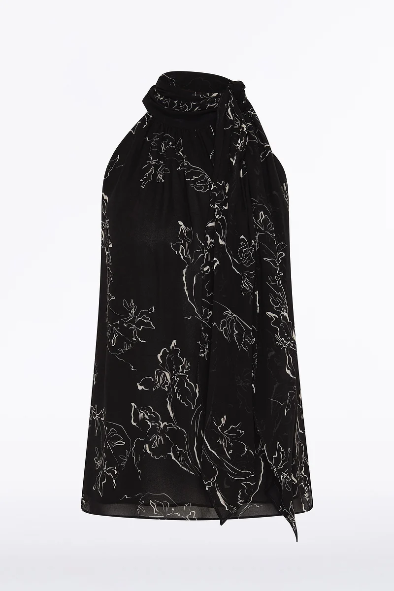 BLACK LINEAR FLORAL GATHERED HALTER TOP - Image 5