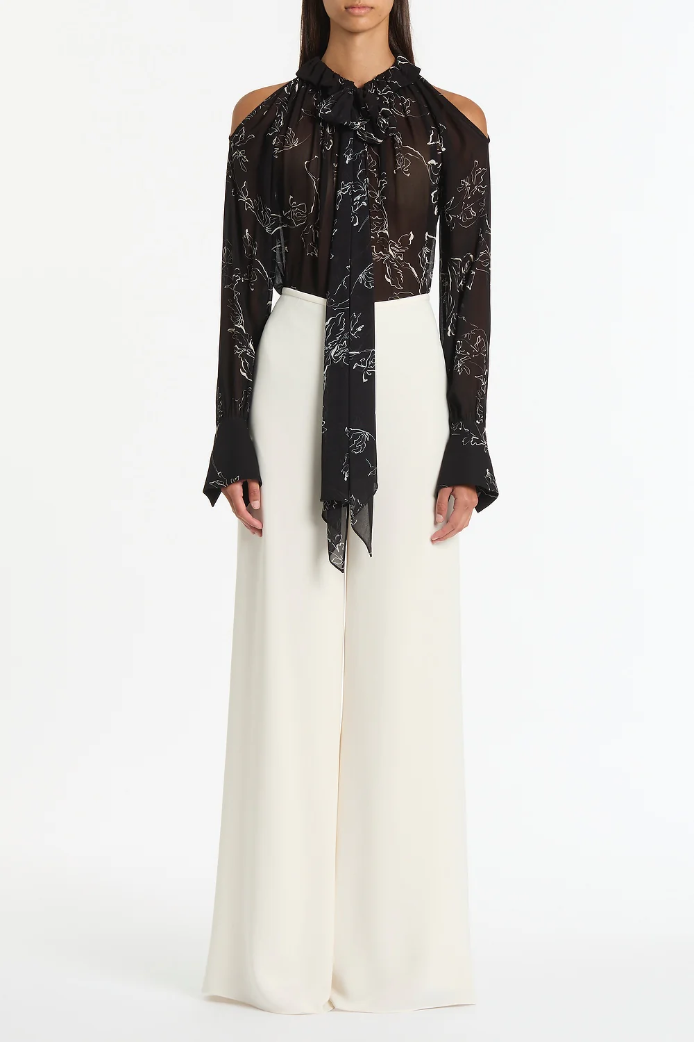 BLACK LINEAR FLORAL RUFFLE BLOUSE