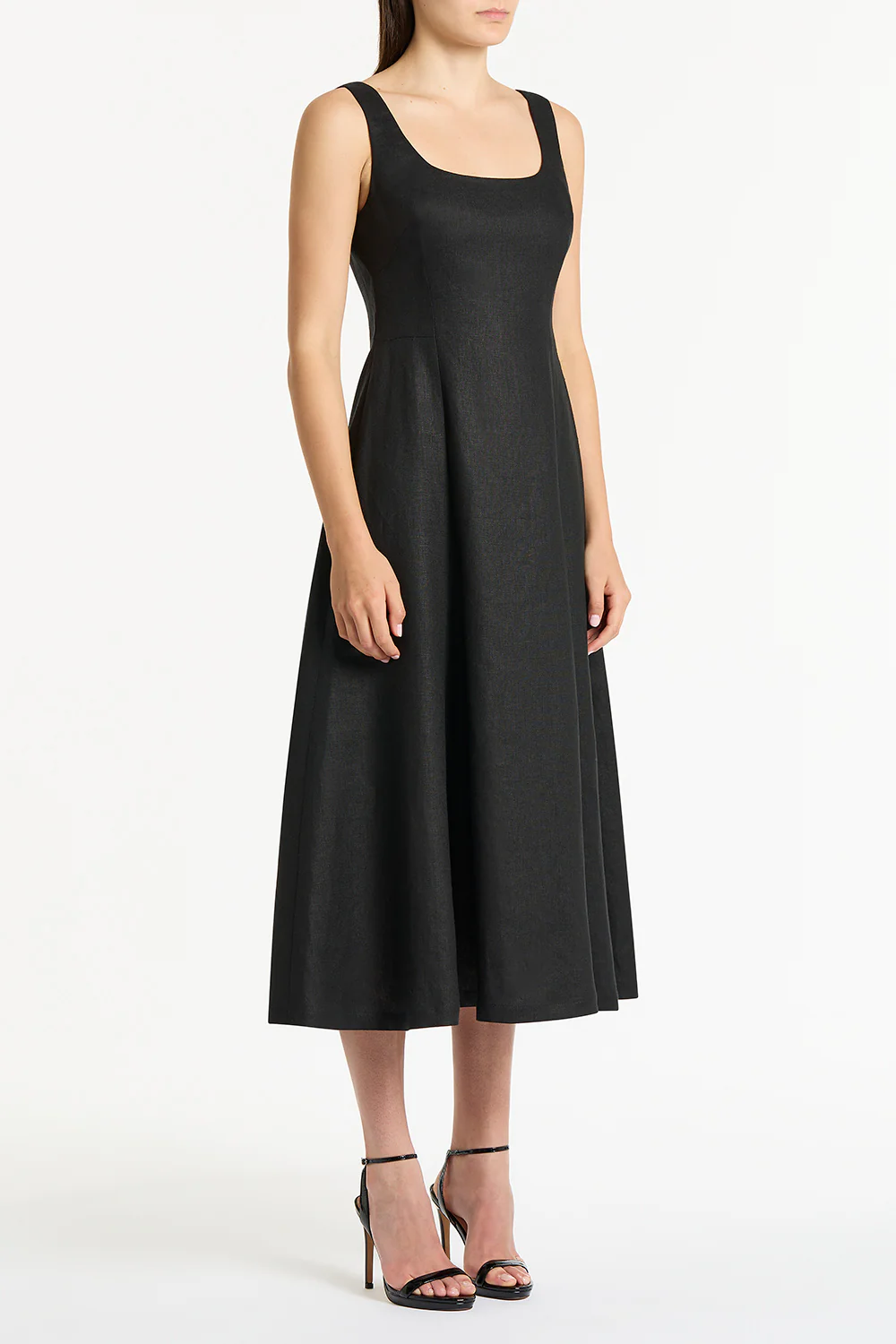 BLACK LINEN SQUARE NECK MIDI DRESS - Image 3