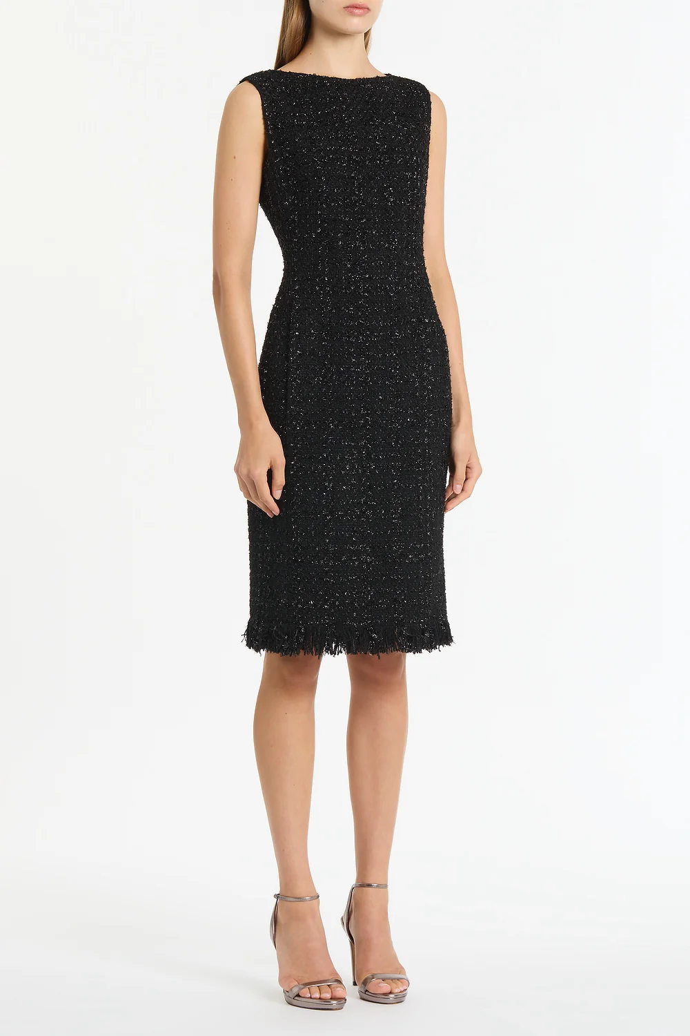 BLACK LUREX TWEED FRINGE SHEATH DRESS - Image 3