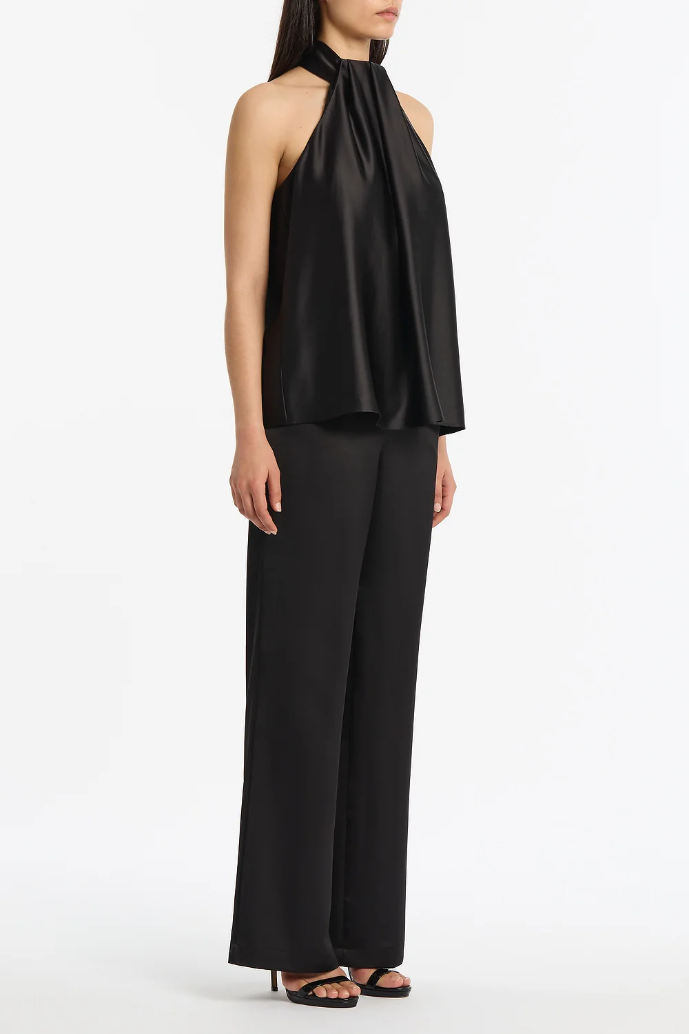 BLACK LUSTRE SATIN DRAPE NECK TOP - Image 2