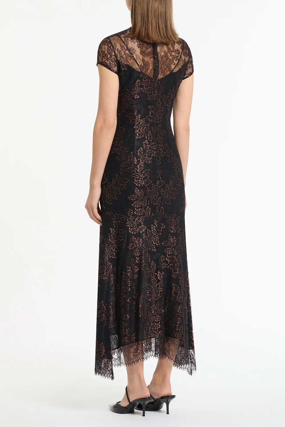 BLACK METALLIC LACE CAP SLEEVE MIDI DRESS - Image 3