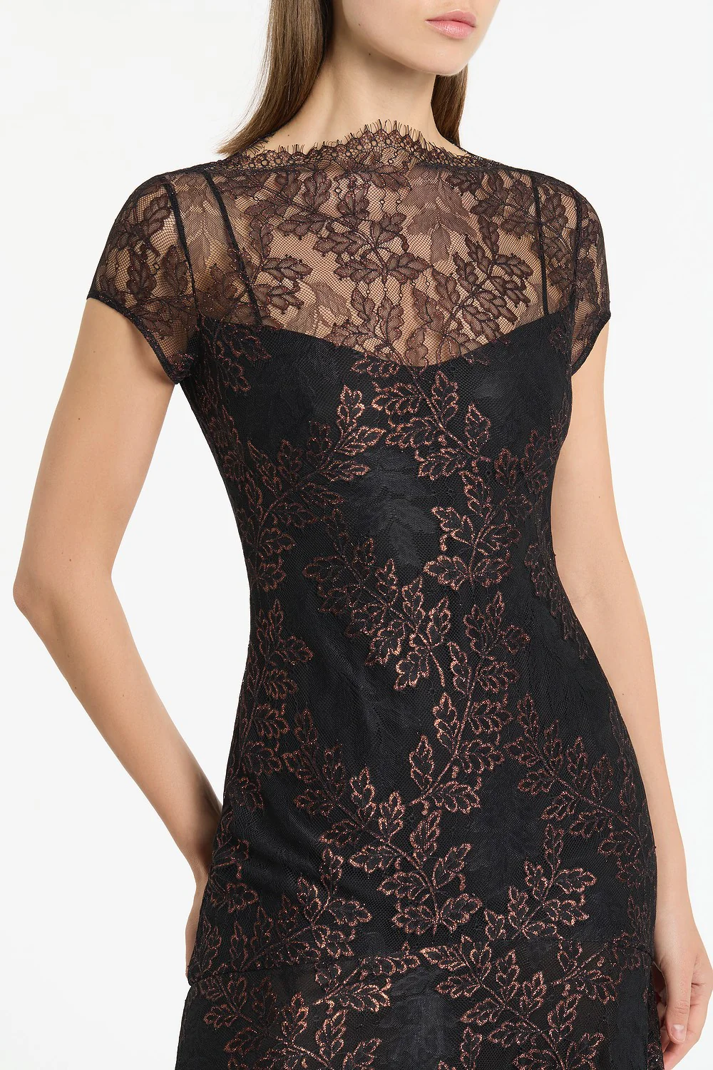 BLACK METALLIC LACE CAP SLEEVE MIDI DRESS - Image 4