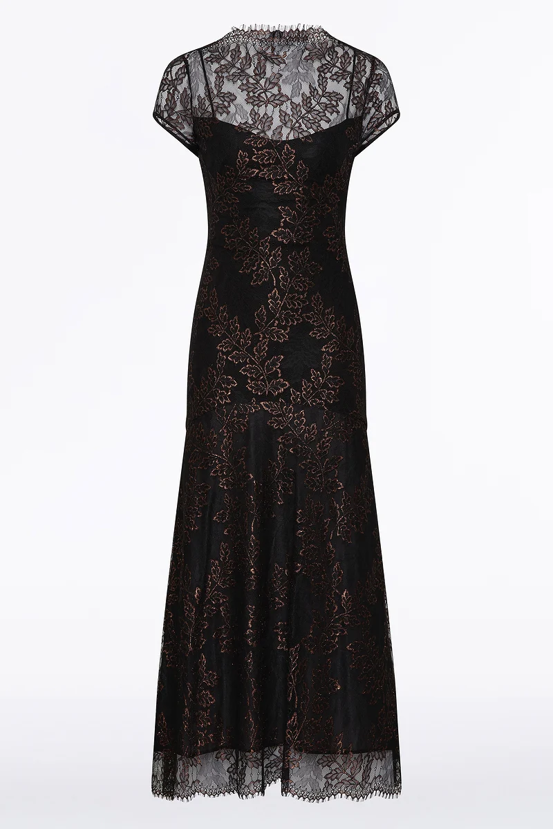 BLACK METALLIC LACE CAP SLEEVE MIDI DRESS - Image 6