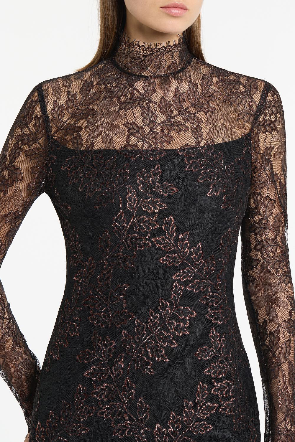 BLACK METALLIC LACE LONG SLEEVED SHORT DRESS - Image 4