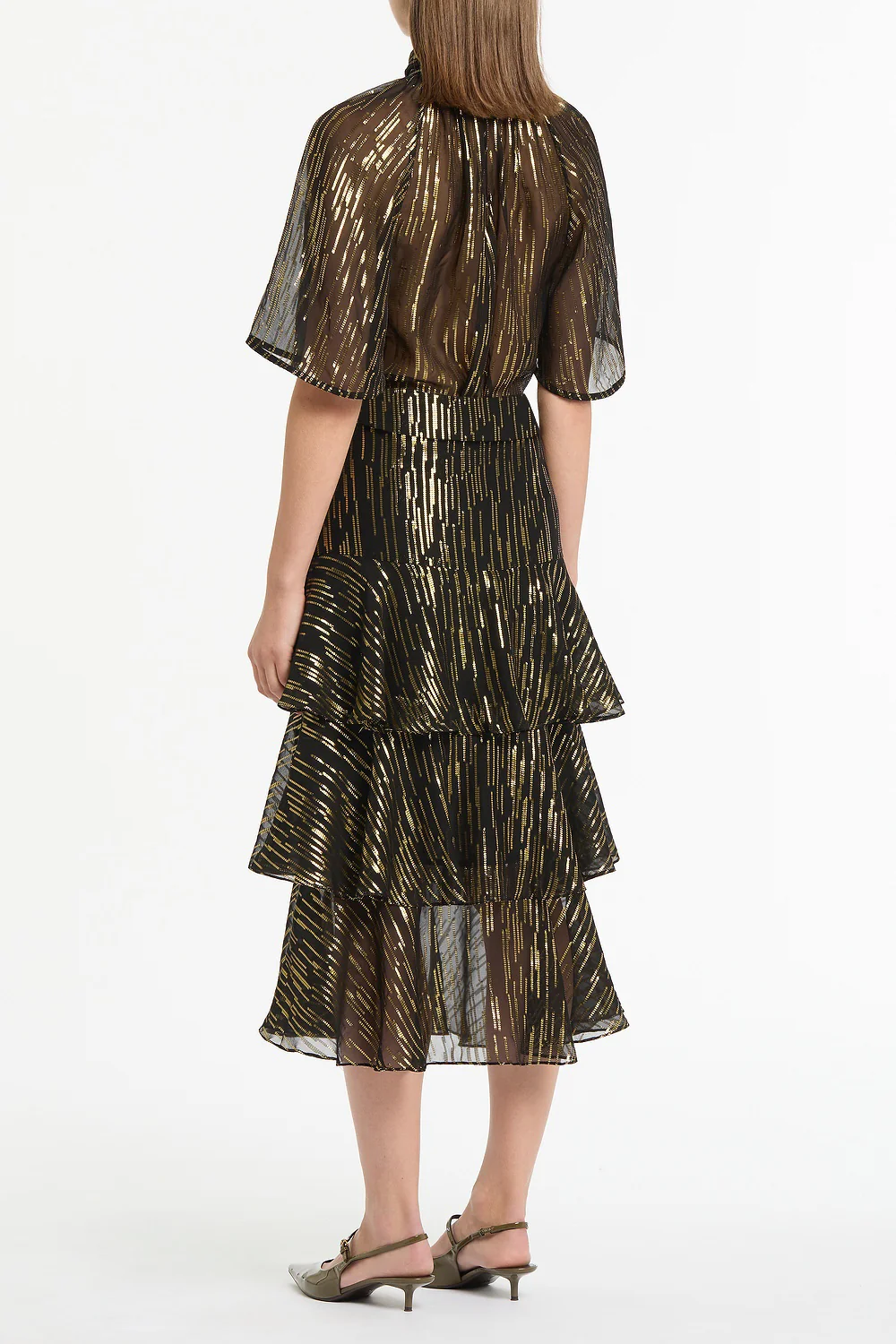BLACK METALLIC SILK JACQUARD FLUTED SLEEVE TOP - Image 3