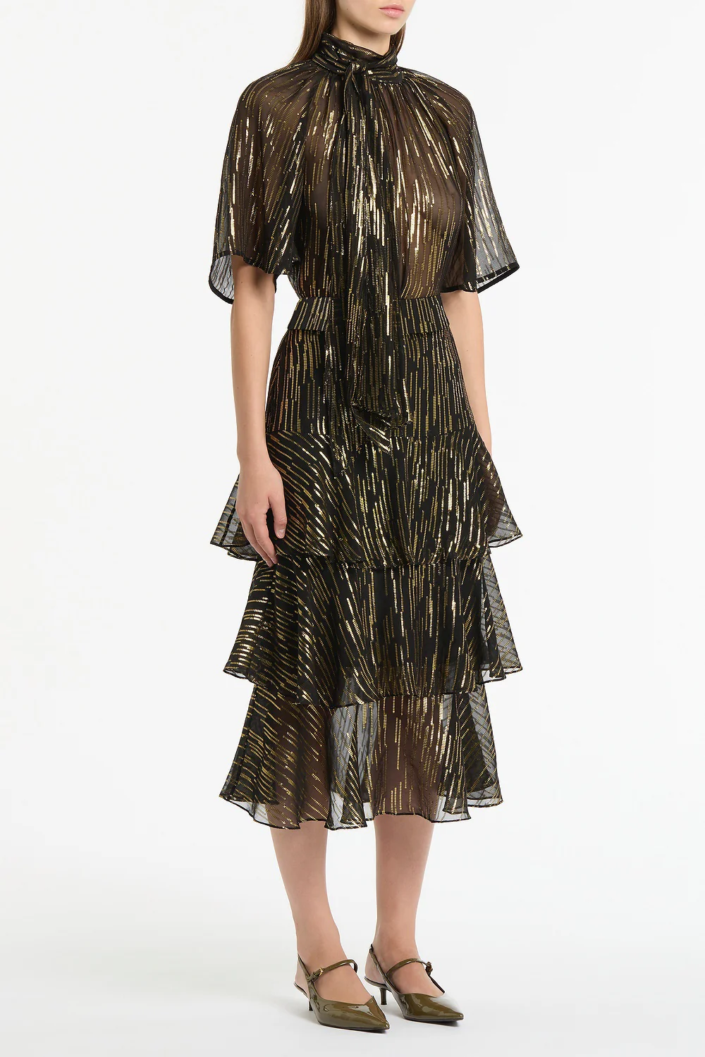 BLACK METALLIC SILK JACQUARD TIERED RUFFLE SKIRT - Image 2