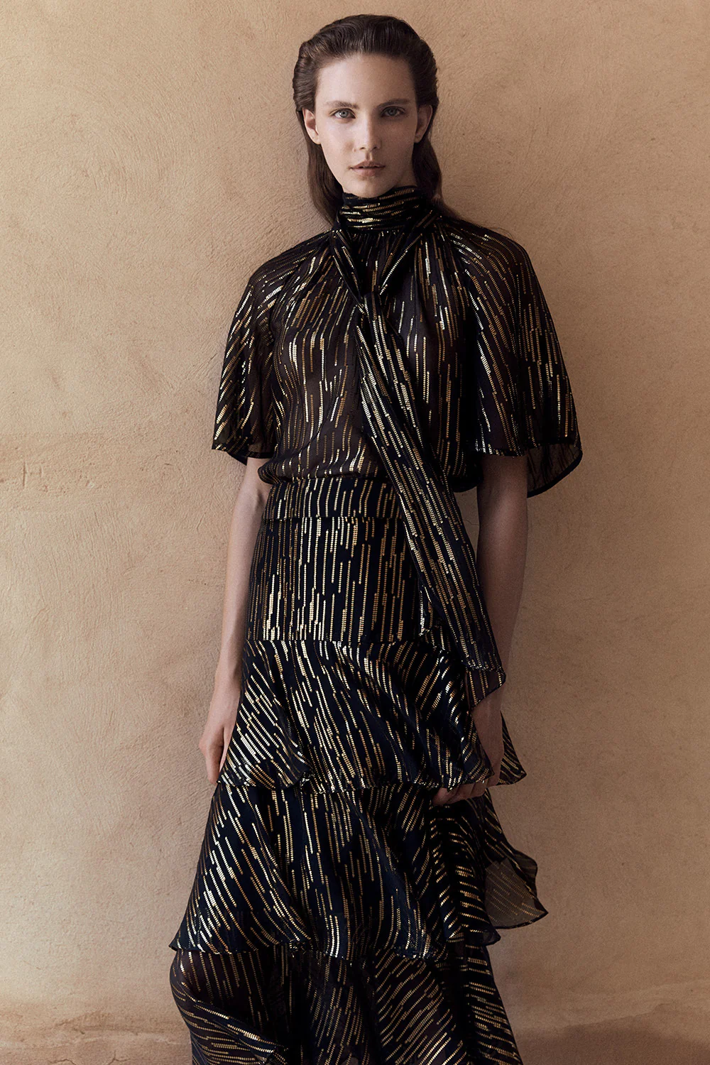 BLACK METALLIC SILK JACQUARD TIERED RUFFLE SKIRT - Image 4