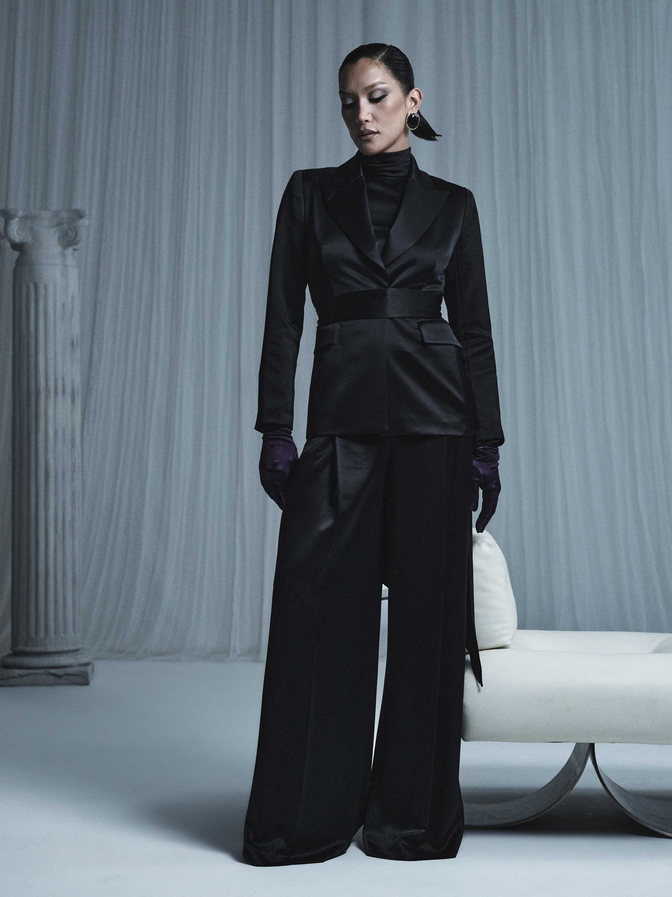 BLACK SATIN ACETATE DEEP PLEAT PANT - Image 5