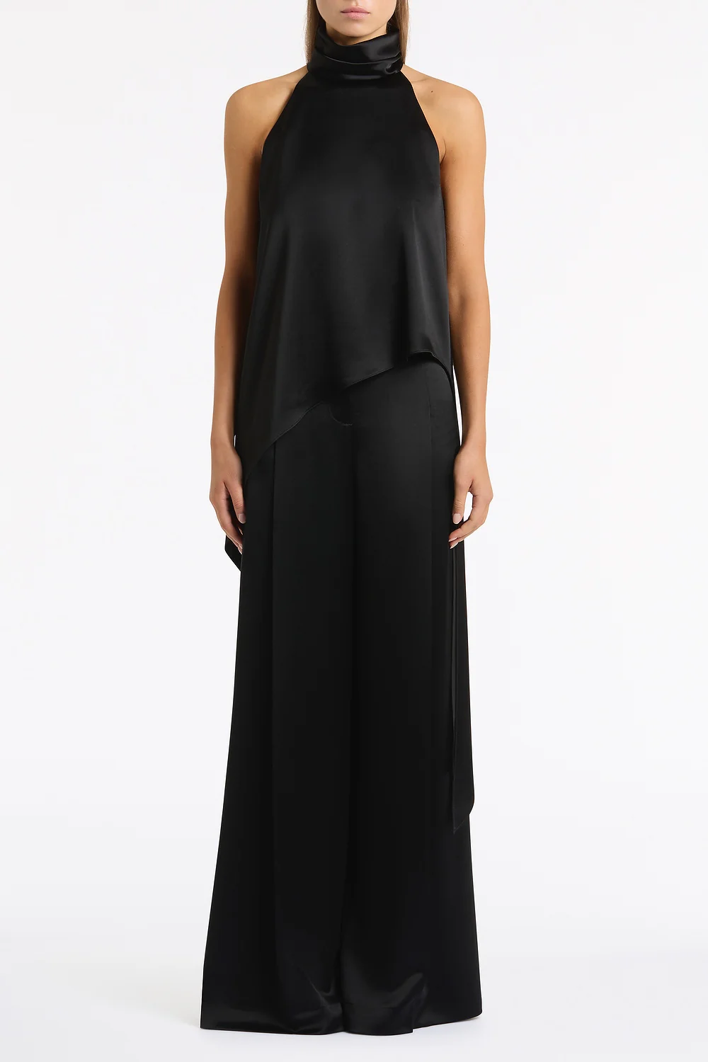BLACK SATIN ACETATE DRAPED ASYMMETRIC TOP