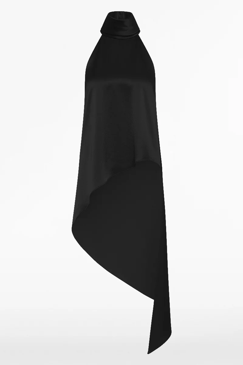 BLACK SATIN ACETATE DRAPED ASYMMETRIC TOP - Image 4