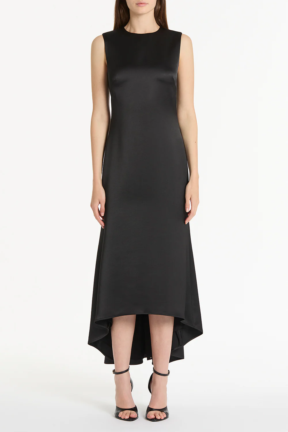 BLACK SATIN GODET DRESS