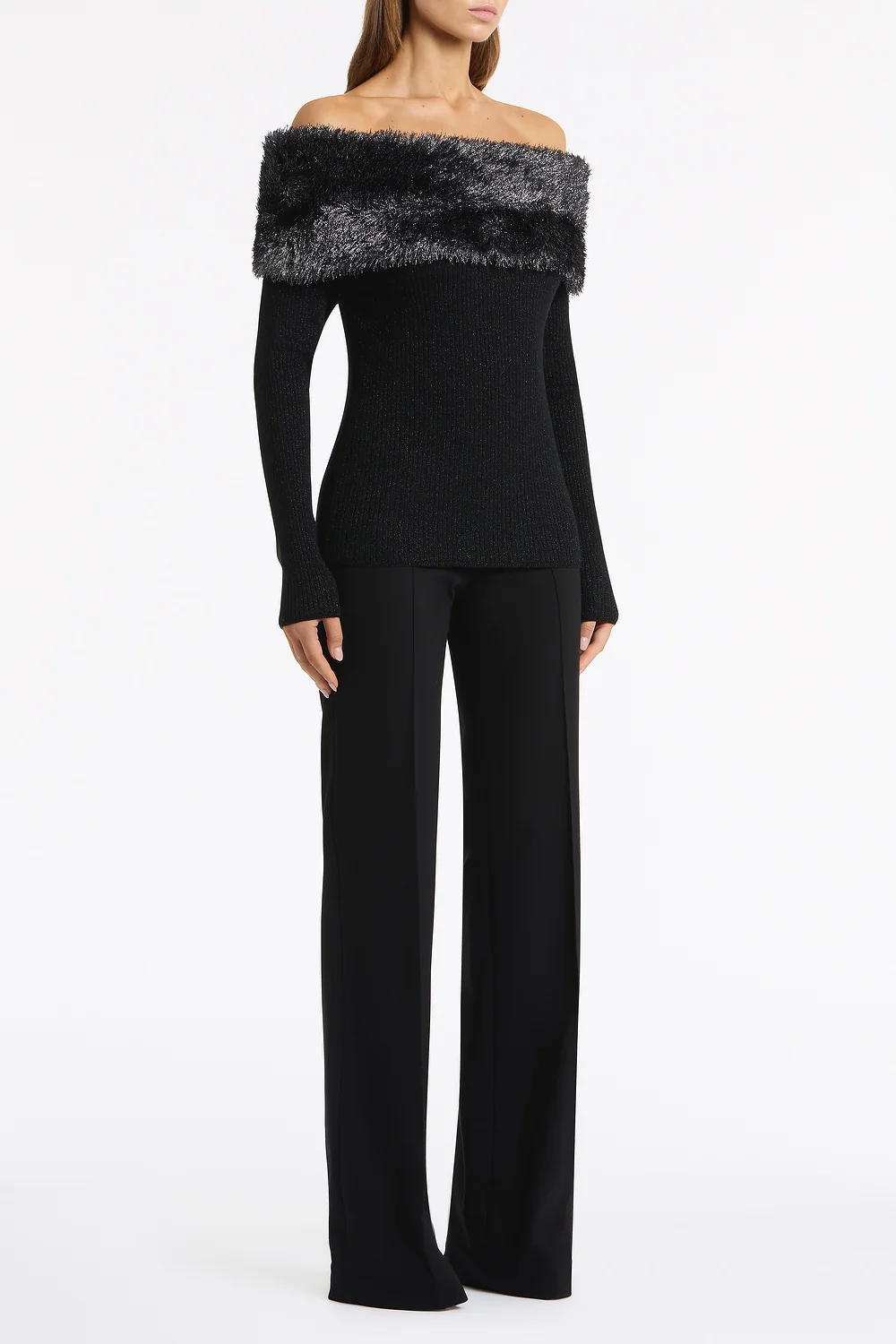 BLACK SHIMMER KNIT OFF SHOULDER TOP - Image 2
