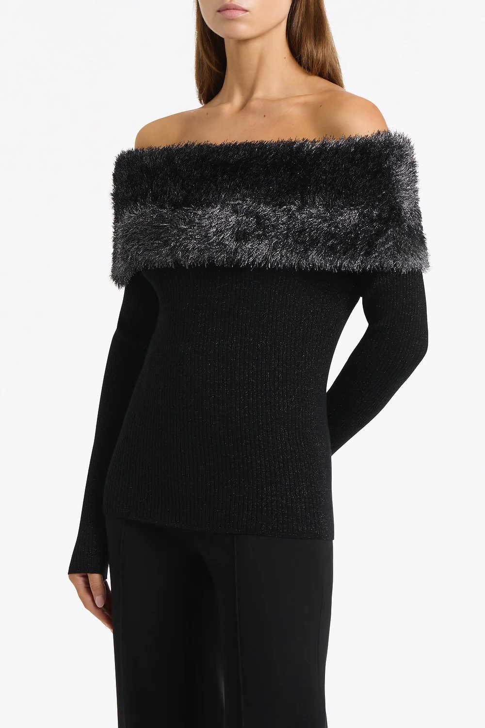 BLACK SHIMMER KNIT OFF SHOULDER TOP - Image 4