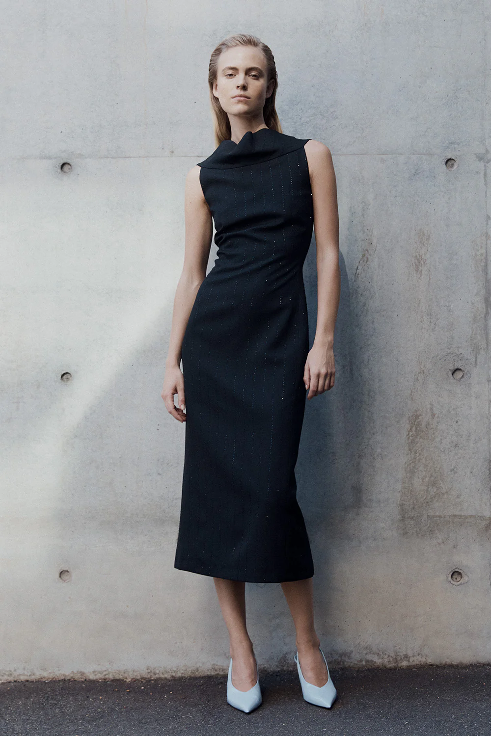 BLACK STARLIGHT TWILL COWL FRONT DRESS - Image 5