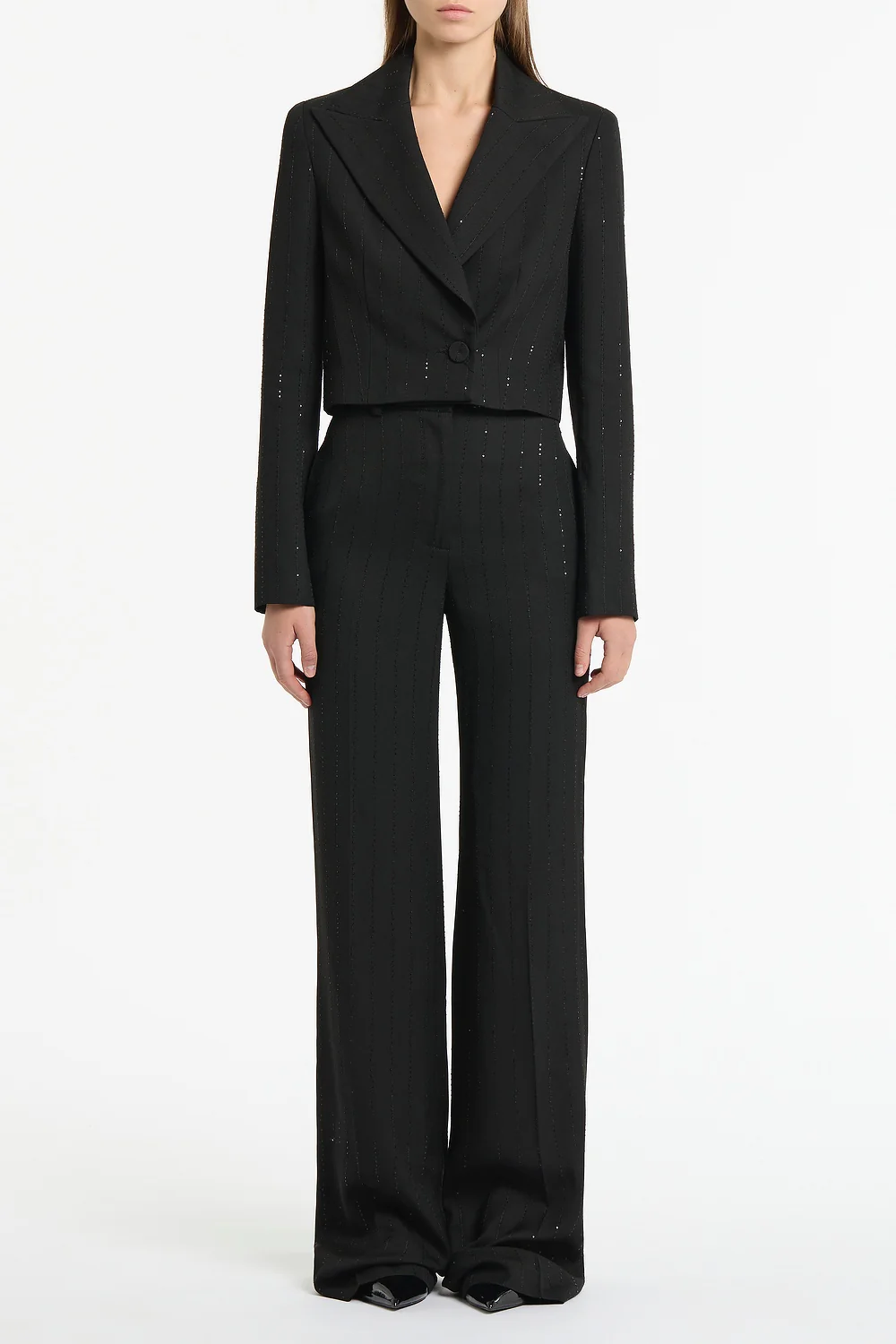 BLACK STARLIGHT TWILL PEAKED LAPEL CROPPED JACKET