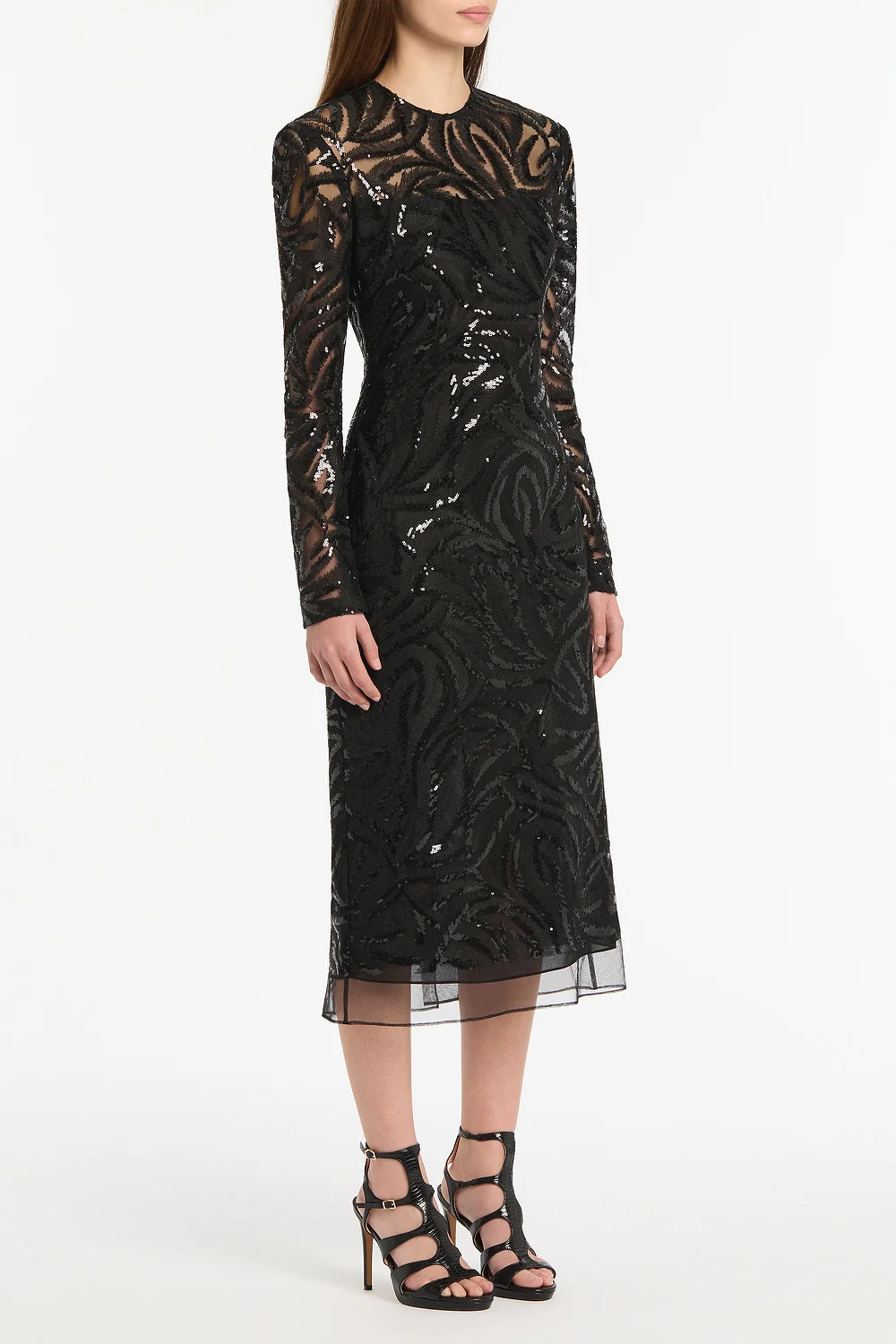 BLACK SWIRL SEQUIN LONG SLEEVE MIDI DRESS - Image 2