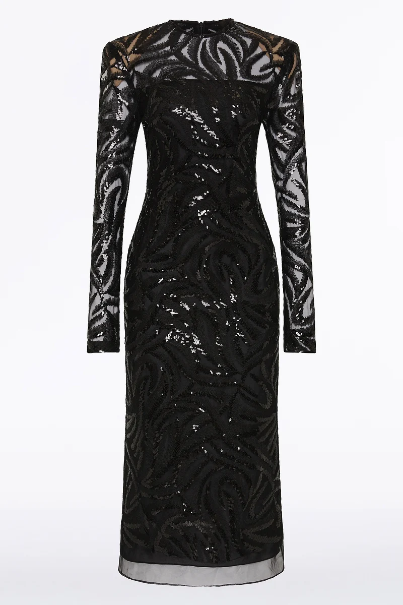 BLACK SWIRL SEQUIN LONG SLEEVE MIDI DRESS - Image 6