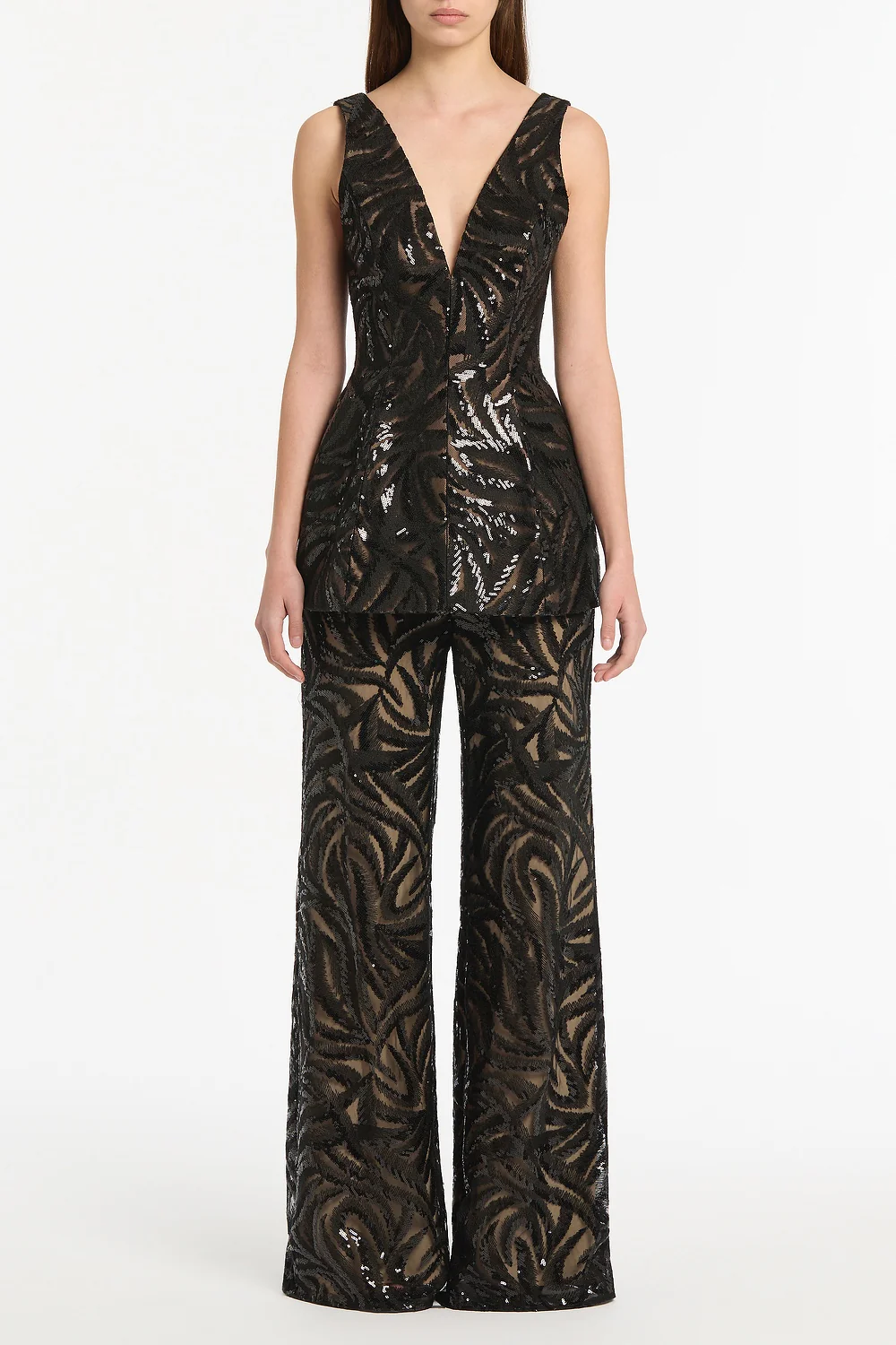 BLACK SWIRL SEQUIN PEPLUM TOP