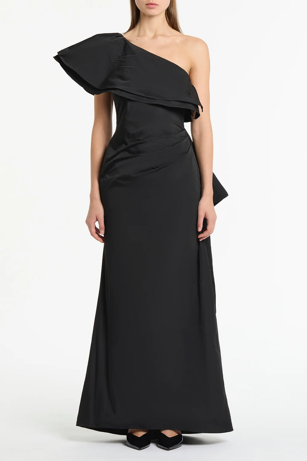 BLACK TAFFETA ASYMMETRIC ONE SHOULDER DRESS