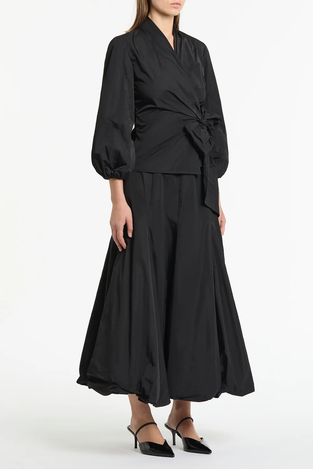 BLACK TAFFETA PUFF SLEEVE WRAP TOP - Image 2