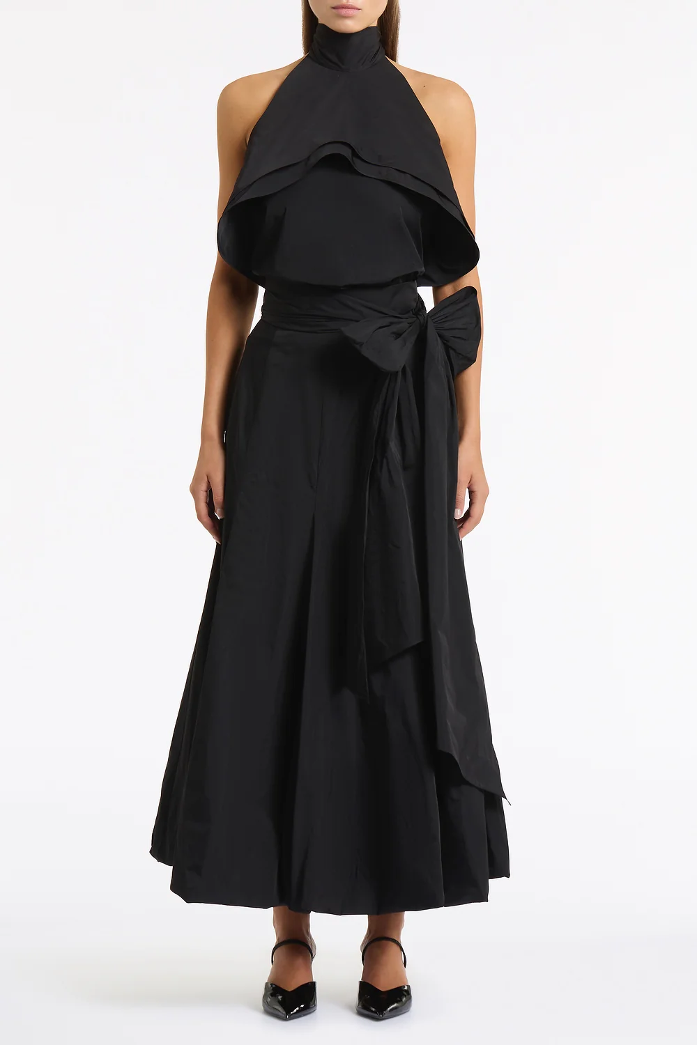 BLACK TAFFETA RUFFLE BOW DETAIL TOP