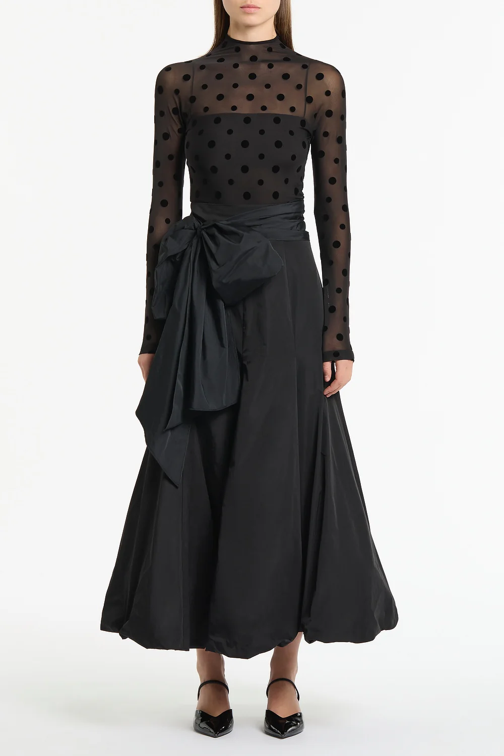 BLACK TAFFETA TIE WAIST BUBBLE SKIRT