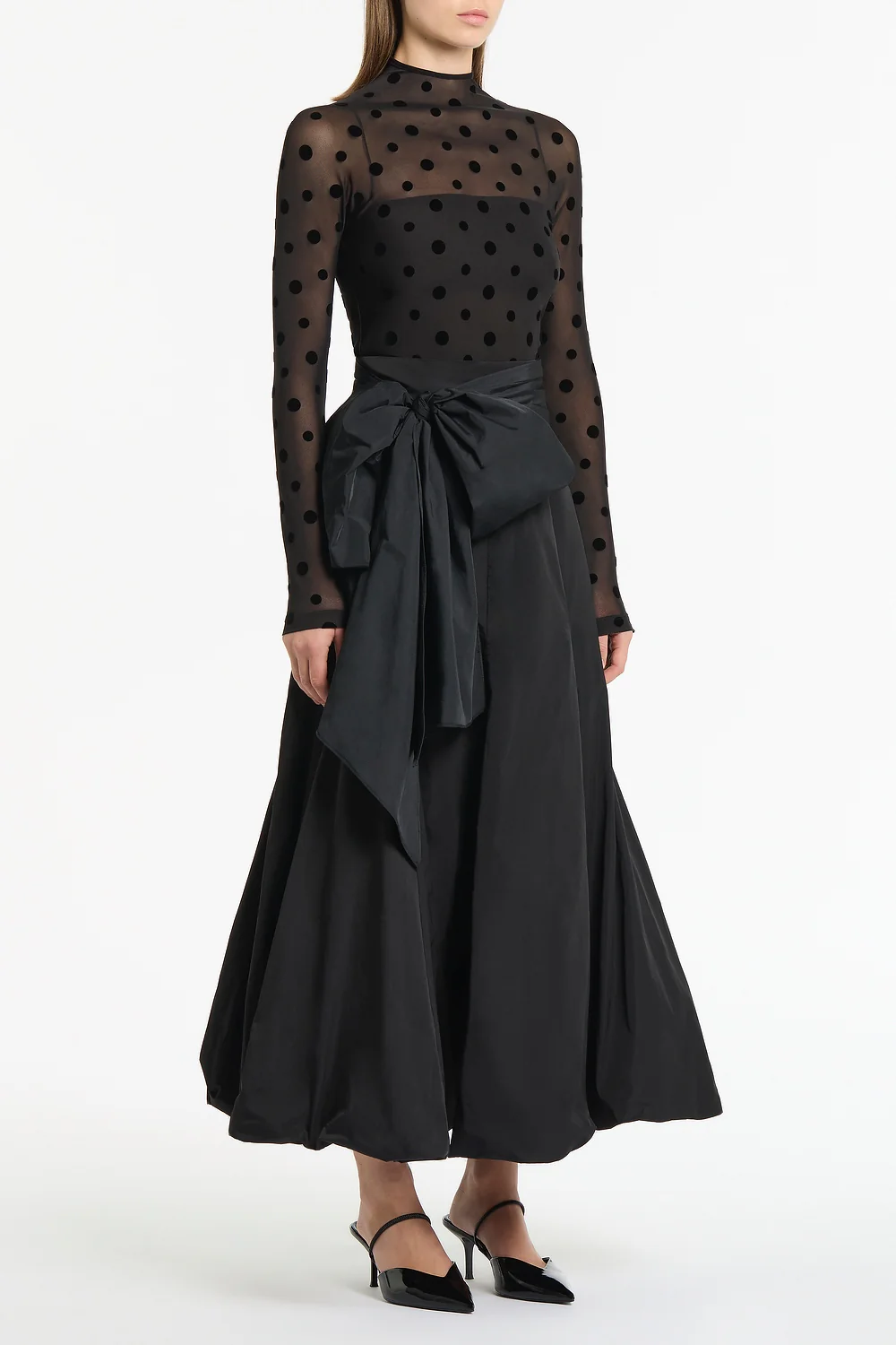 BLACK TAFFETA TIE WAIST BUBBLE SKIRT - Image 2