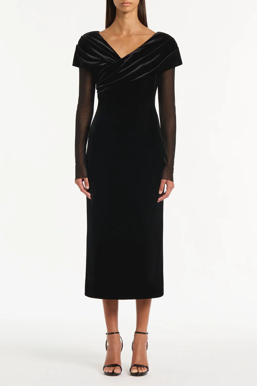 BLACK VELVET MESH DRAPED SHOULDER MIDI DRESS