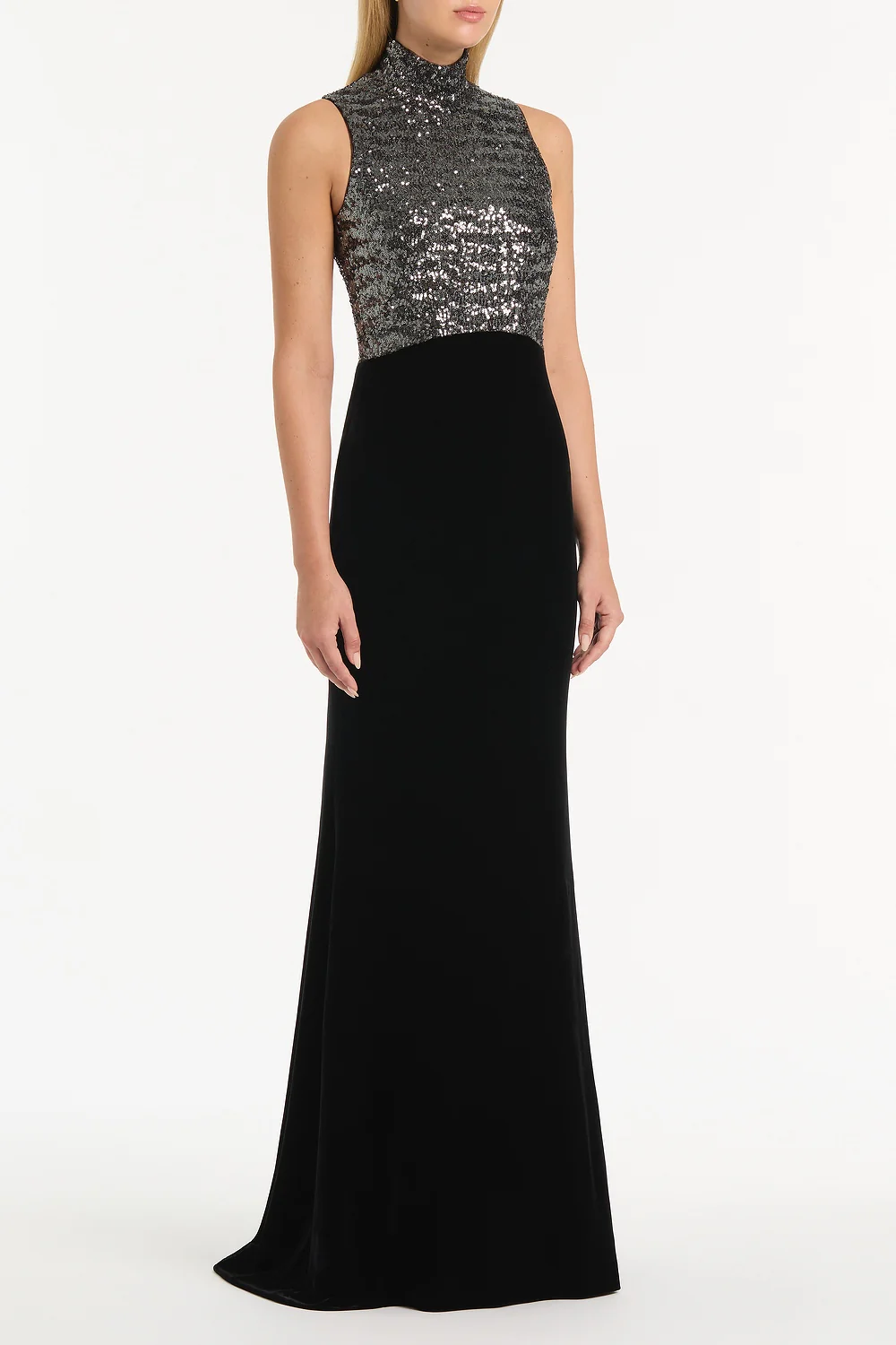 BLACK VELVET SEQUIN HALTER NECK DRESS - Image 3