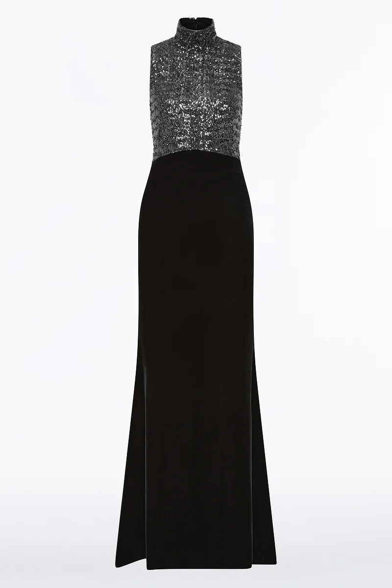BLACK VELVET SEQUIN HALTER NECK DRESS - Image 5