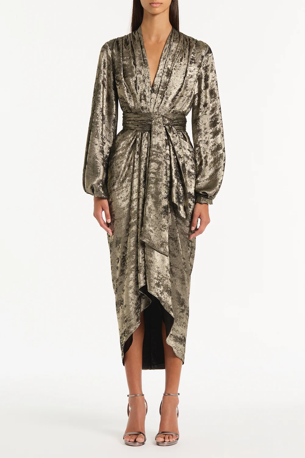 BURNISHED METALLIC WATERFALL DRESS