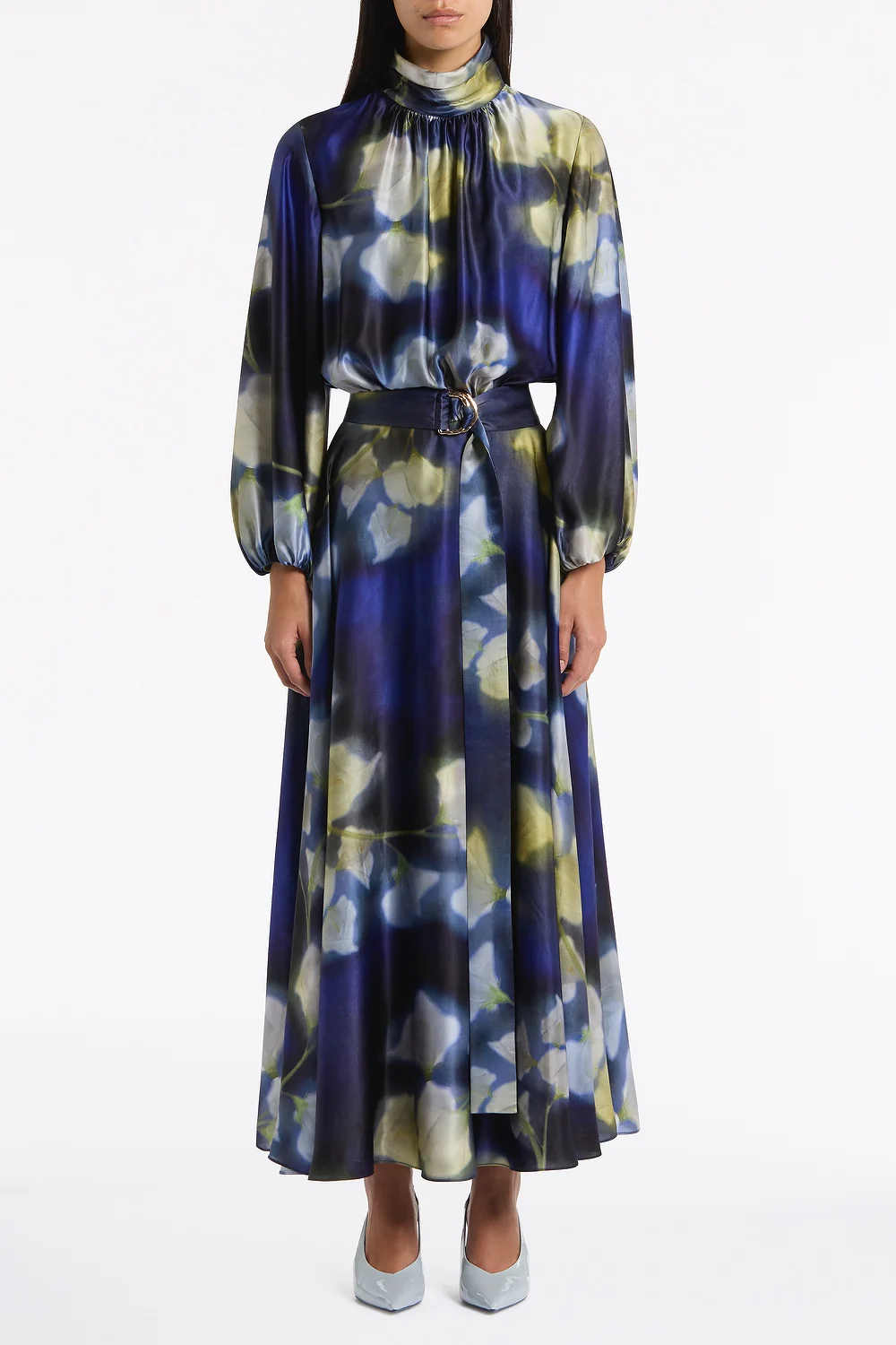 CALLA LILY SILK VISCOSE GATHERED SLEEVE DRESS