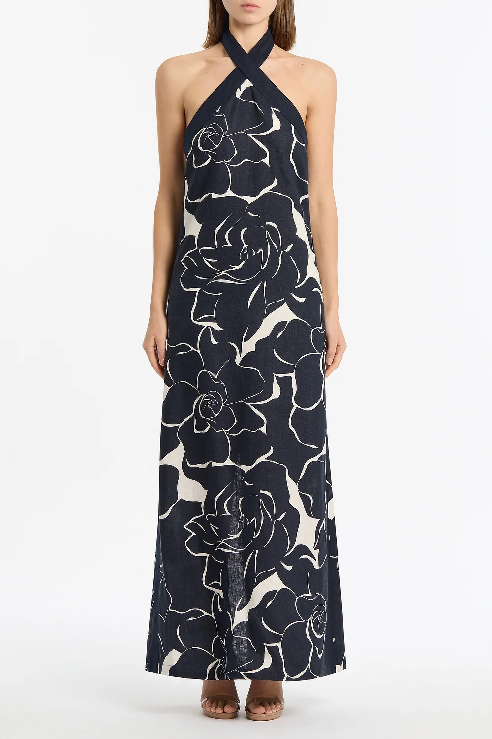 CELESTIAL PETALS LINEN HALTER NECK DRESS