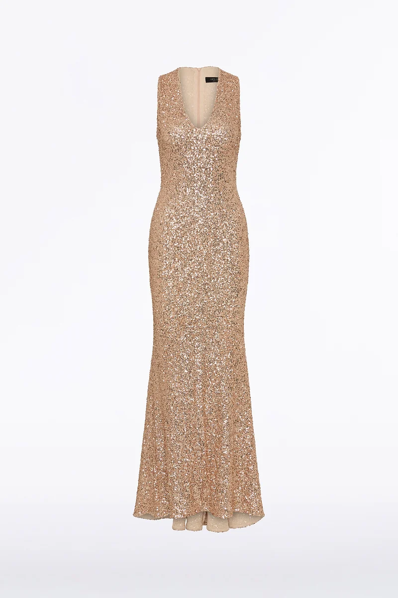 CHAMPAGNE CRUSHED SEQUIN V-NECK GOWN - Image 5