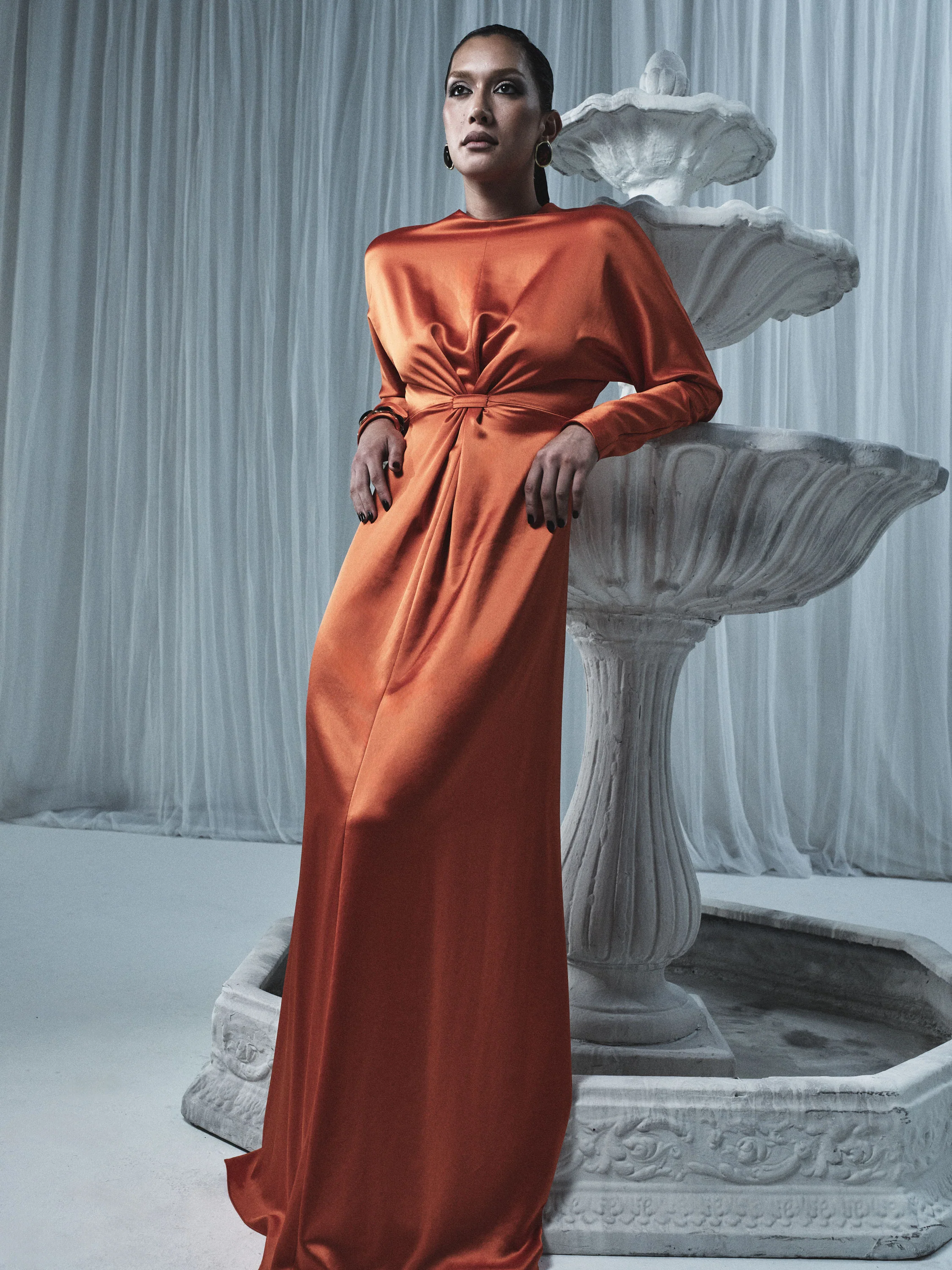 CLEMENTINE SATIN ACETATE DRAPED SOFT SLEEVE DRESS - Image 5