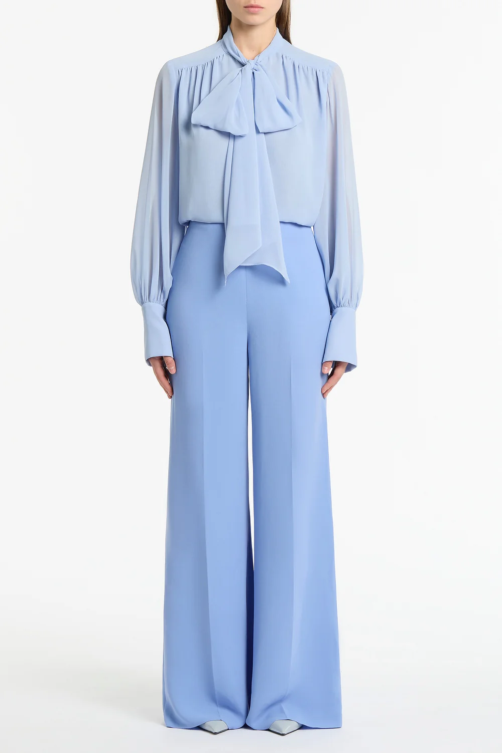 CORNFLOWER CREPE HIGH WAISTED WIDE LEG PANT