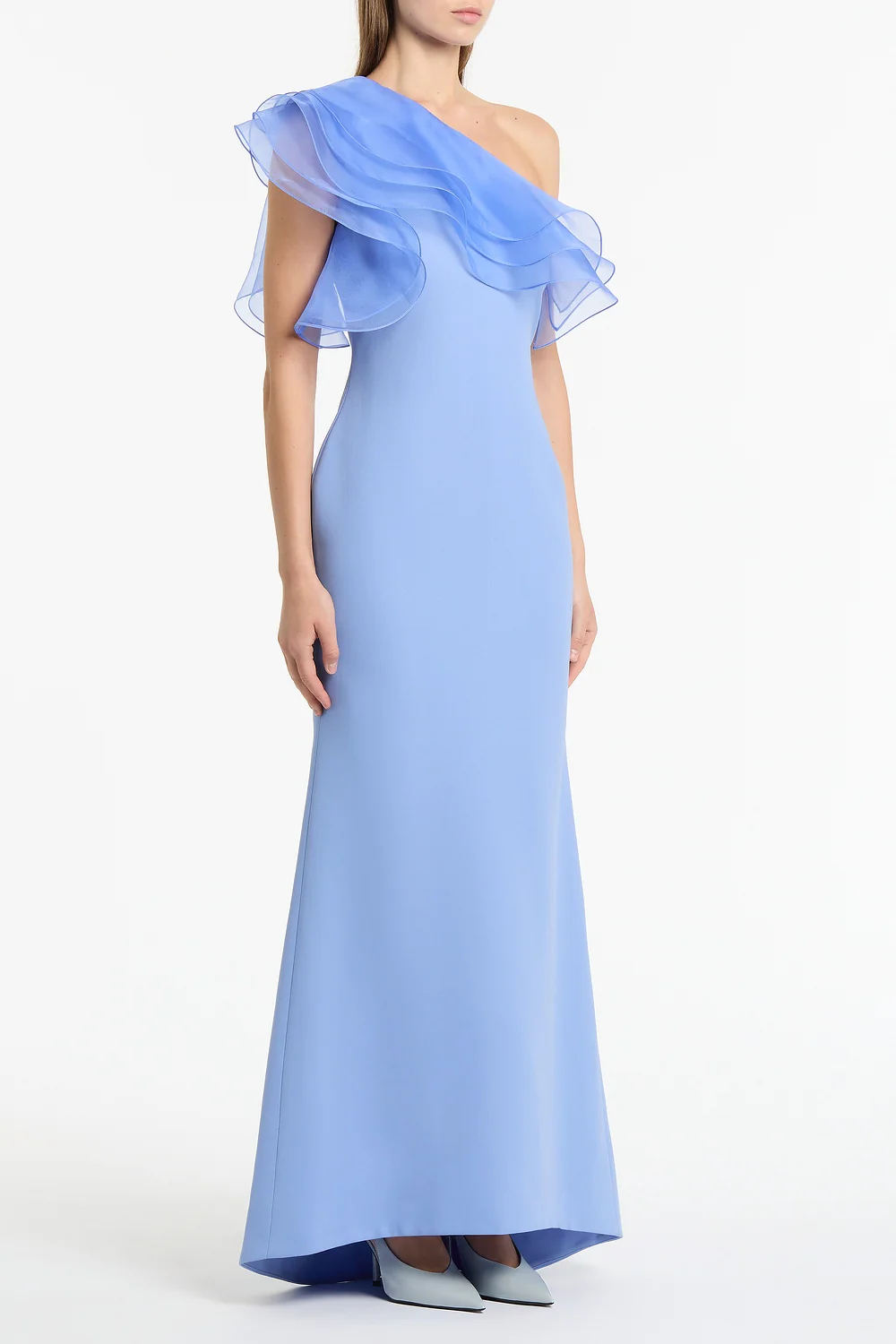 CORNFLOWER CREPE ONE SHOULDER ORGANZA RUFFLE GOWN - Image 2